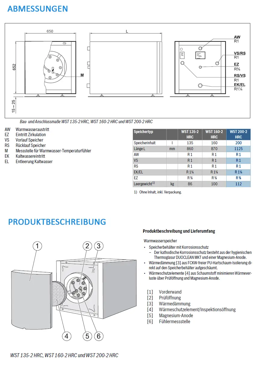 Warmwasserspeicher von Bosch, emaillierter Stahlbehälter, mit Anschlussschema und technischen Details zur Installation und Verkabelung. Diagramm zeigt Maße und Verbindungspunkte.